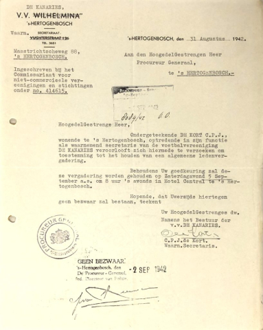 Voetbalvereniging Wilhelmina (De Kanaries) vraagt toestemming voor een algemene ledenvergadering, 31 augustus 1942
